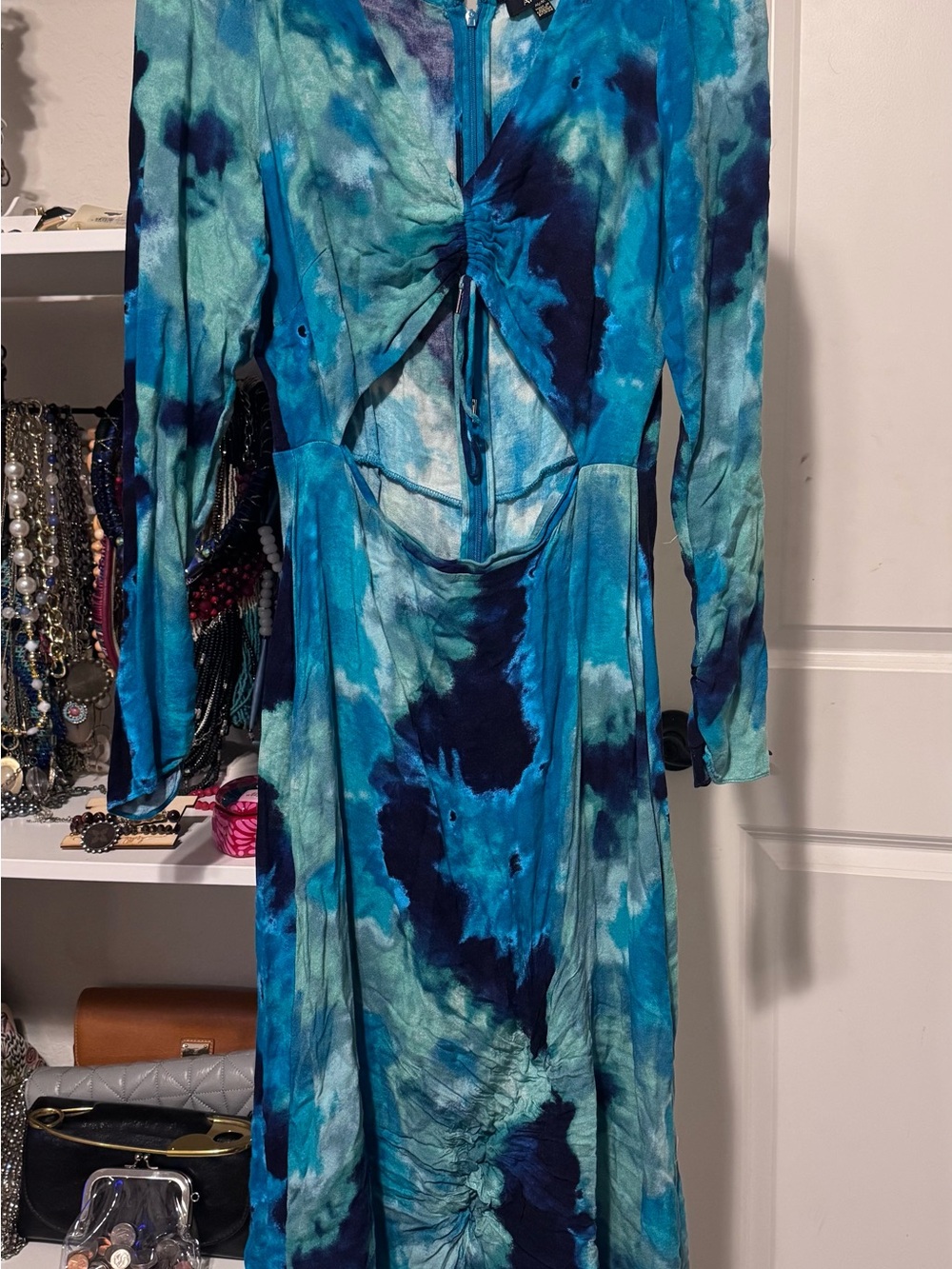 AFRM Blue & Teal Tie-Dye Long Sleeve Cutout Dress